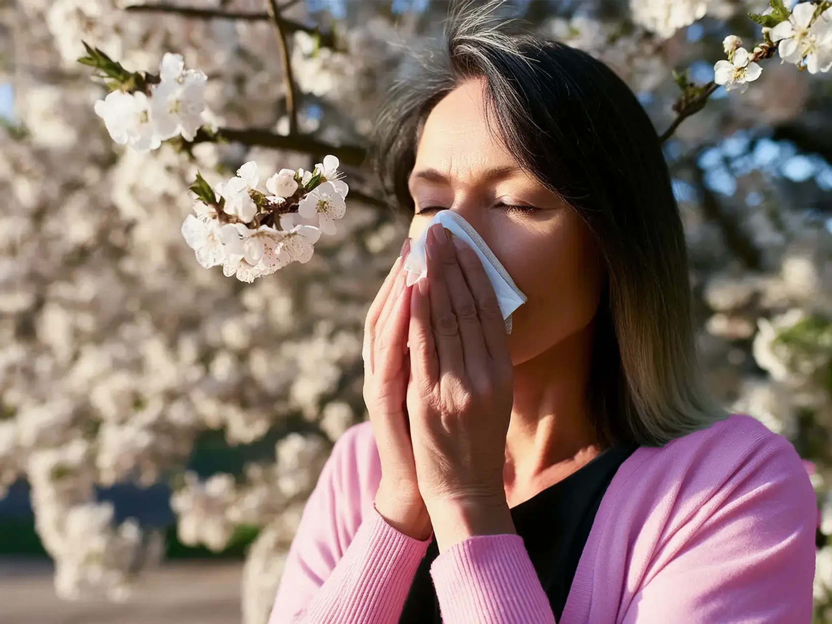 Frau mit Allergie putzt sich die Nase