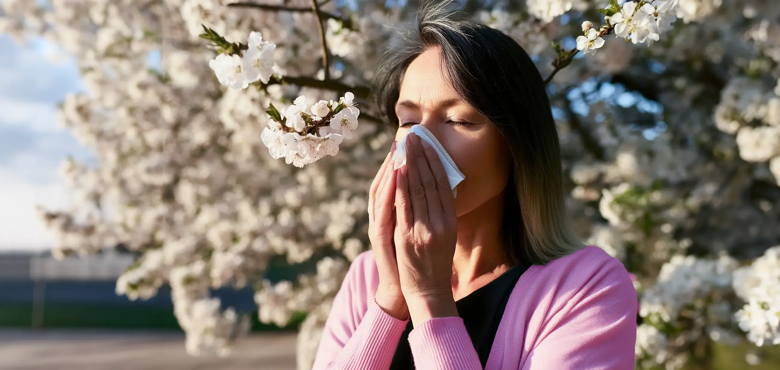 Frau mit Allergie putzt sich die Nase